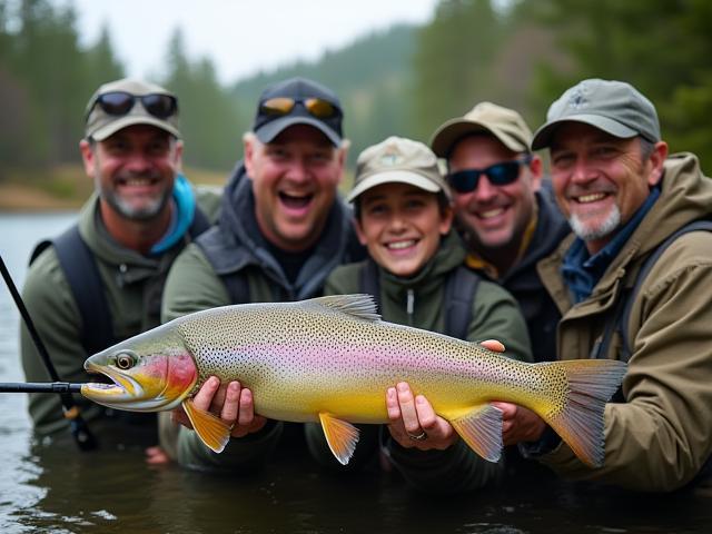 Group of excited guests at a fishing tour celebration