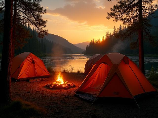 Wilderness camp with tents and campfire at sunset