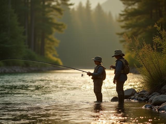 Archival photo of founding siblings fishing in pristine wilderness