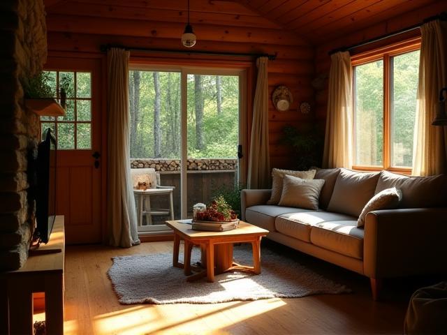 Cozy creekside studio cabin interior at Northern Current Adventures