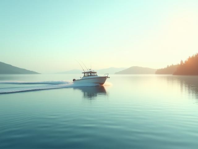 Boat departing early morning on serene water for fishing tour