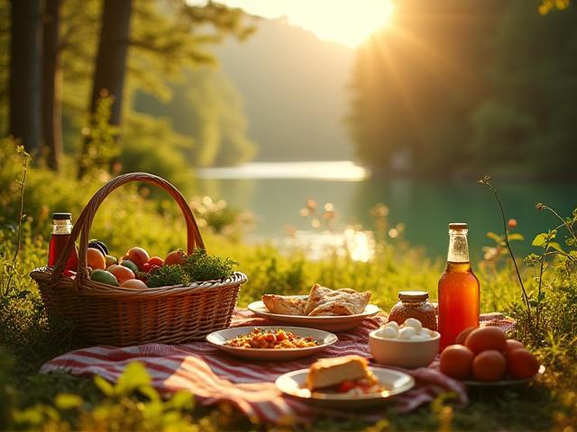 Picnic lunch setup on a sunny remote island surrounded by forest