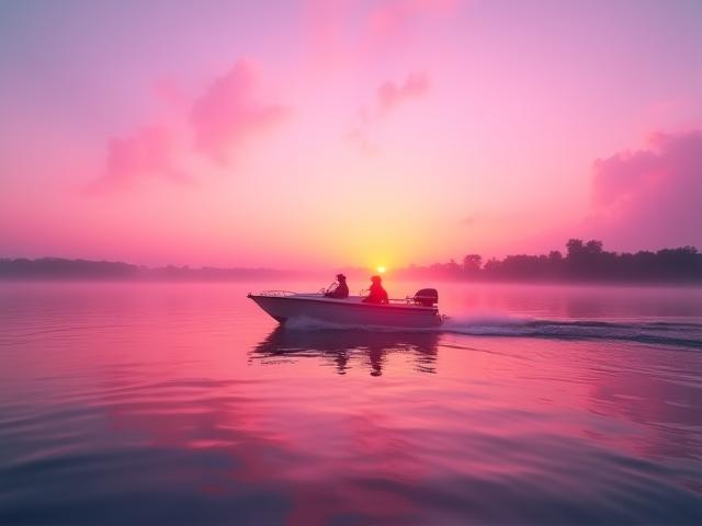 Boat sailing into sunset with calm waters and pink-purple sky