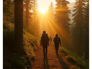 Multi-day wilderness trip with hikers traversing rugged forest trails at sunrise