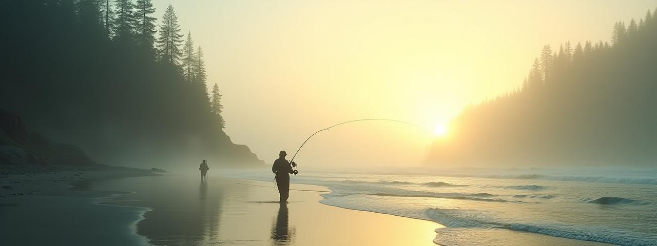 Coastal wilderness of British Columbia with fishing action at sunrise