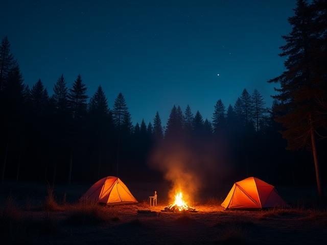 Campfire and camping tents in a dense wilderness under starry sky