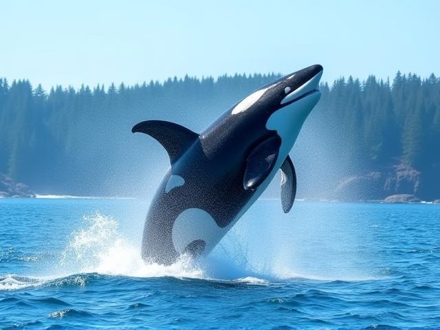 Orca whale leaping from water with dense coastal forest background