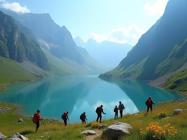 Hikers trekking by pristine alpine lakes surrounded by mountains