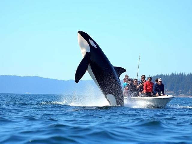 Orca whale breaching near a tour boat