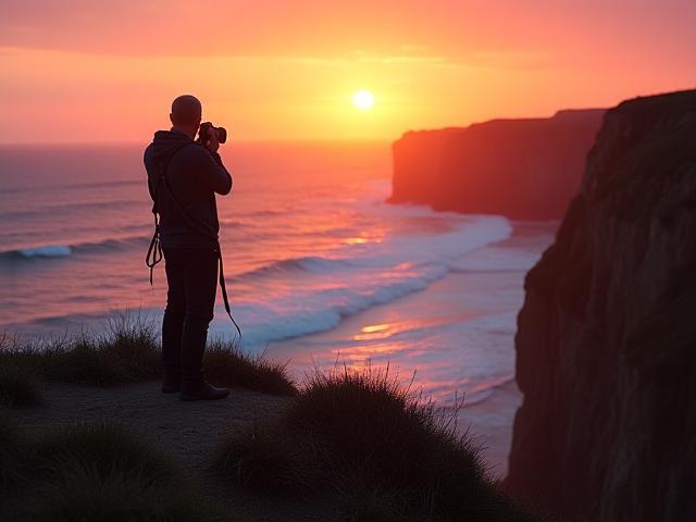 Nature photographer capturing a sunset over coastal cliffs