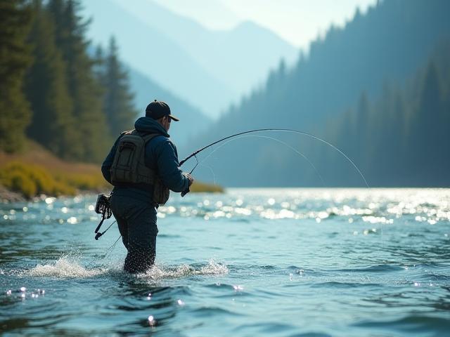 Fisherman casting line on a salmon fishing safari