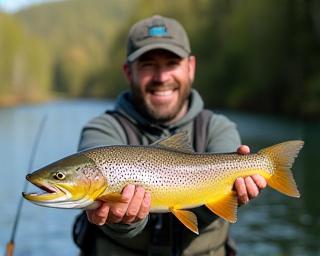 Guest smiling holding large trout caught on guided fishing tour