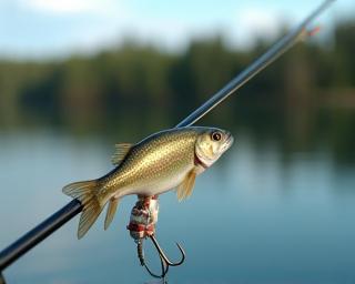 Close-up of fly fishing rod with catch on line and lake background