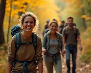 Group hiking trail with fall foliage and smiles